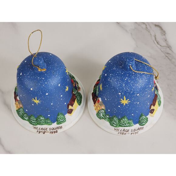 Christmas Village Square Bell Ornaments 4" Porcelain 90's Blue Lot of 2 Vintage - Picture 8 of 12